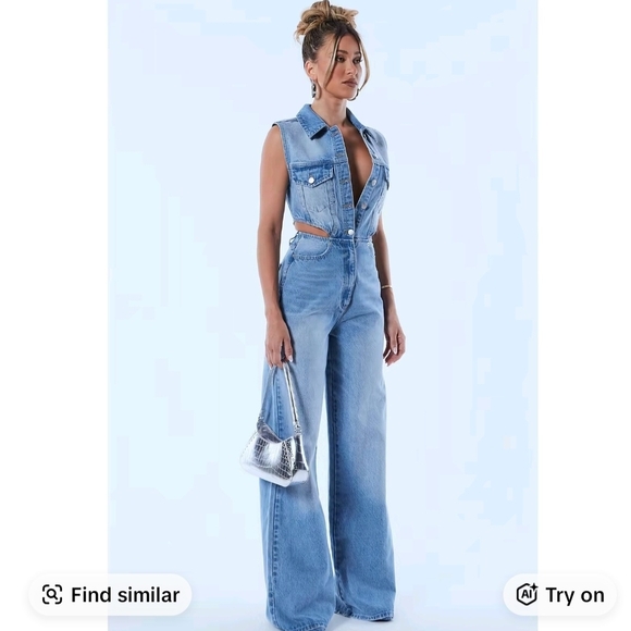 Fashion Nova Light Blue Denim Cutout Jumpsuit - Picture 5 of 6